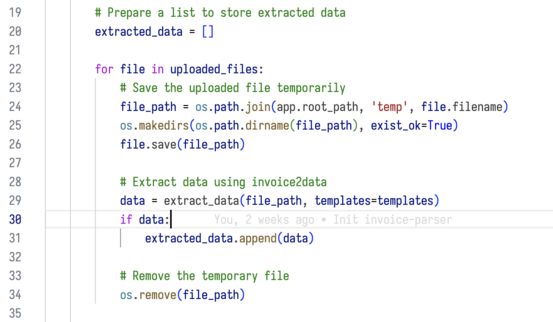 Code snippet showing invoice2data integration for PDF processing