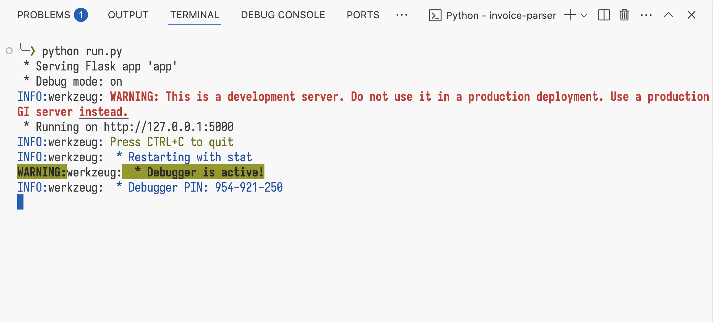 Running Flask application showing the invoice parser in action